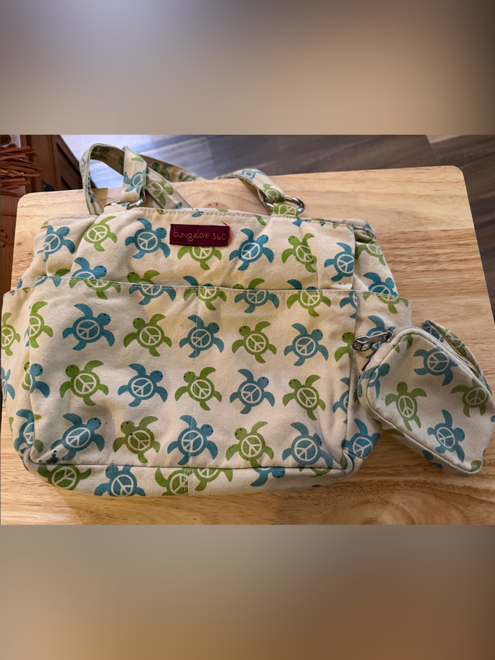 bungalow 360 Canvas Tote with Blue and Green Turtle Print